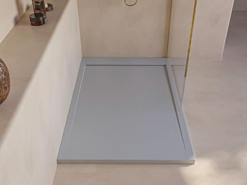 SOULBATH Receveur de Douche -Résine -Gel Coat -Texture Lisse/Pierre -Antidérapant -Couleur Gris Clair 200x80 Extra plat 3Cm Bonde de vidange incluse - Conception Minimaliste
