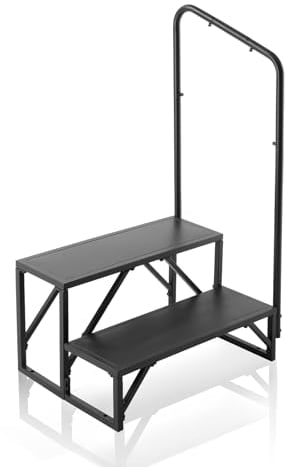 VEVOR Wohnmobil-Stufen, 2-stufige Wohnmobil-Treppe, 200 kg Tragkraft, Verdickter Kohlenstoffstahl, mit Handlauf, rutschfeste Stufen für sicheres EIN- und Aussteigen, geeignet für Wohnmobil, Anhänger