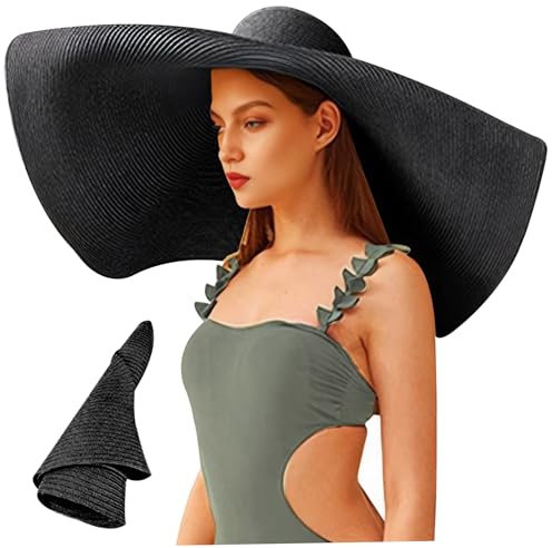 Oversized Sun Hat For Women Floppy Wide Brim Sun Hats For Women Black Straw Hat Fashionable Ladies Hats Summer Uv Protection