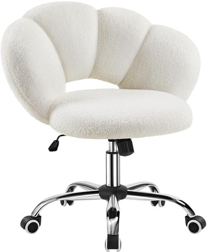Yaheetech Boucle Upholstered Desk Makeup Vanity Chair with Wheels Swivel Cloud-shaped Accent Chair with Adjustable Height for Home Office Living Room, Bedroom Women White