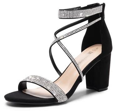 DREAM PAIRS Women's Heels Chunk Low Heel Pump Sandals Ankle Strappy Dress Heeled Sandals for Wedding Evening,Size 6,Black-Suede,SDHS2499W