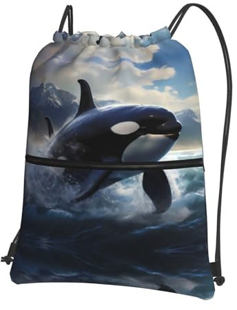 Kingnoyi Orca Killer Whale Rucksack mit Kordelzug für Fitnessstudio, Einkaufen und Sport Yoga, Schwarz, Einheitsgröße