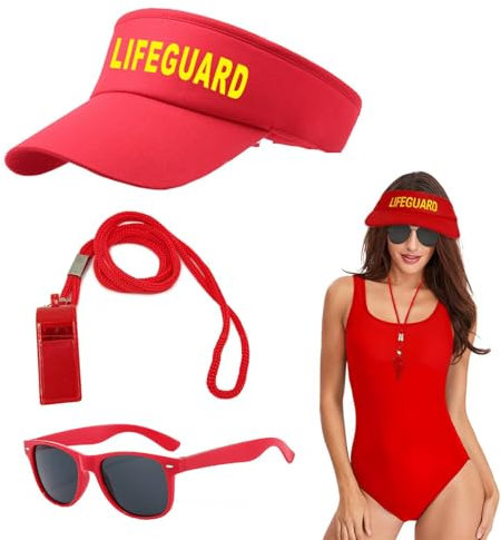 3 Stück Lifeguard Fasching Kostüm Herren Damen, Lifeguard Visor Cap Sonnenbrille, Baywatch Kostüm für Rettungsschwimmer Erwachsener Strandparty Zubehör Halloween Karneval Cospaly Weihnachtscosplay