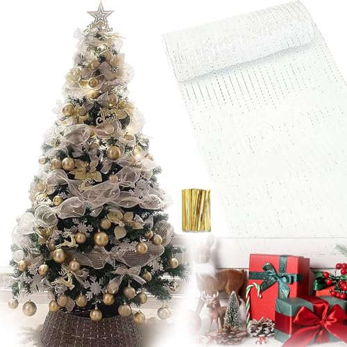 Natale Tinsel Ghirlanda, Ghirlande Metalliche Scintillanti,Ghirlanda Albero di Natale,Ornamenti Per Alberi Di Natale,Rotolo Di Rete Per Decorazioni Natalizie 26 Cm X 9,14 M (Bianco, Argento)