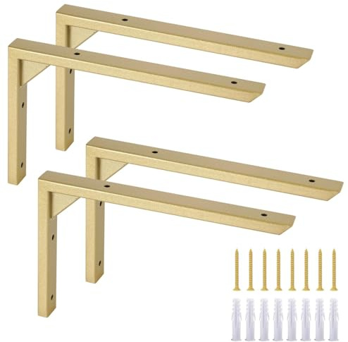 Ouvin Supports d'étagère très résistants de 25,4 cm, lot de 4, supports muraux en or en fer pour étagères, supports triangulaires robustes avec vis pour cuisine, bibliothèque (Or)