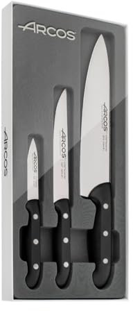 Arcos Serie Maitre - Set de Cuchillos de Cocina 3 piezas (Mondador + Cocina + Chef) - Hoja de Acero Inoxidable NITRUM - Mango de Polipropileno Color Negro