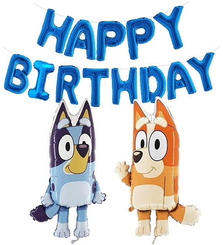 Toyland® Bluey & Bingo Foil Balloon Pack - 2 x 80cm (32) Globos de personajes y 1 x 16 Banner de globos de feliz cumpleaños azul - Decoraciones para fiestas infantiles