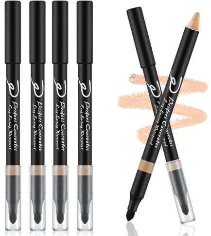 Apooliy 4pcs Lápiz Corrector con Esponja,Cobertura Total,Stick Corrector Ojos Impermeable para Ojeras,Manchas,Puntos de Envejecimiento,Acné,Pecas
