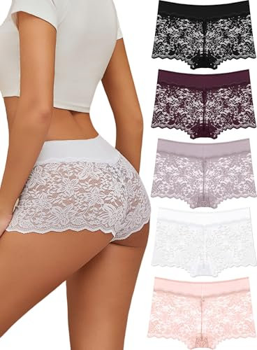 ALL OF SHE Lot de 5 Boxer Femme Culotte Dentelle Sexy Culotte Respirante Ceinture en Coton Stretch Shorty sous-Vêtements Doux M