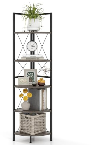 GIANTEX Eckregal mit 5 Ebenen, Bücherregal aus Holz und Metall, 35,5 x 35,5 x 159,5 cm, Eckregal für Wohnzimmer, Schlafzimmer, Arbeitszimmer (Eichengrau)