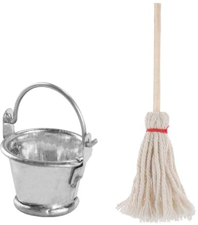 Nicear Dollhouse Accessories Mini Cleaning Tools Miniature Mop Bucket Set Kitchen For Dollhouse Garden House Decorating (Style1)