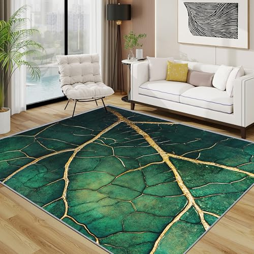 TerroVee Blätter Teppich 200x200 cm, Natur Luxus Einfach Waschbarer Teppiche Wohnzimmer, Botanisch pflanzlich rutschfest Antirutsch Groß Teppiche Für Esszimmer, Quadratisch, Dunkel Grün Gold