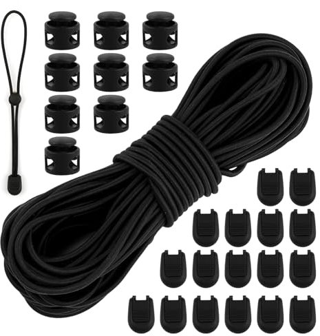 Elastische Gummischnur, 3 mm x 15 m Gummiseil mit 20 Stück Kordelstopper 2 Loch, 40 Stück Kordelendschloss, Rund Gummikordel Gummiband Schwarz für Rucksack Bekleid Wäscheleinen Schmuck