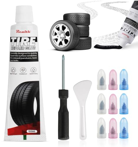 Realth Colle Pneu Voiture 50ml avec 10Pcs Clous de Réparation de Pneus | Noire, Colle Réparation Pneu Voiture, Noire Colle Meche Pneu, Kit Reparation Pneu pour Voiture Vélo Moto