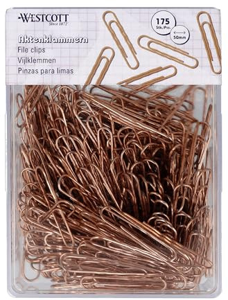 Westcott Büroklammern Kupfer 175 Stück | Vorratspack Aktenklammern 50mm | Praktische Kunststoffbox | Papierklammern für Büro und Haushalt | E-10644 00