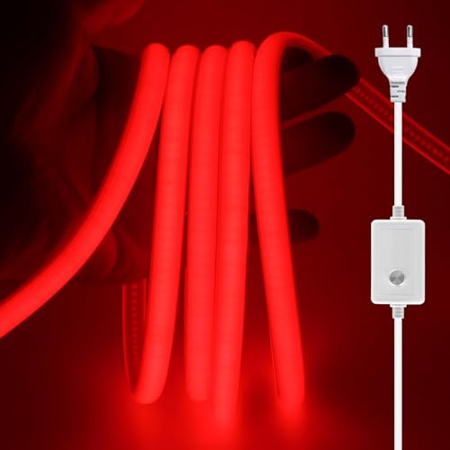 XUNATA Dimmbar COB Neon LED Streifen, 230V 288LEDs/m Superhell Hohe Dichte IP65 Wasserdicht Diffusion Flex COB LED Leiste Lichtband Strip für Hausbeleuchtung Party DIY Deko (Rot, 6M)
