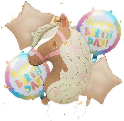 Pferdegeburtstag Deko Set – 5 Stück XXL Folienballons inkl. Pferd (62x45cm), Happy Birthday (54cm) & Sterne – Komplett-Set für Pferdegeburtstag Deko, Mädchen-Party, Kindergeburtstag & Pferdethema