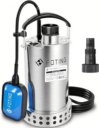 FOTING Pompe d’évacuation, 900W, Débit 13 000L/h, Hauteur de refoulement max: 9m, Profondeur d’immersion max: 7m, Taille particules max: 5mm, Pompe à eau Submersible Automatique 4000 GPH élimination