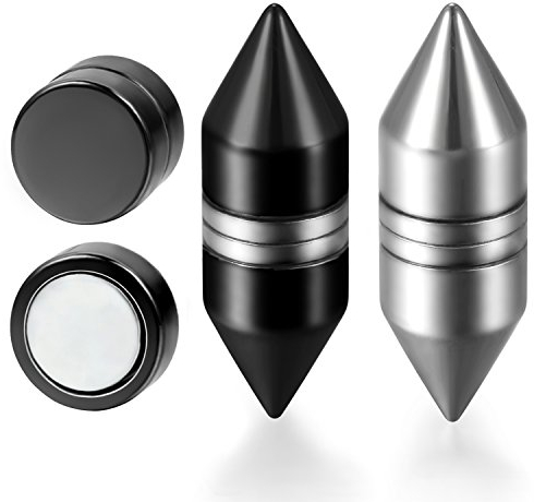 Aroncent 3 Paare Herren Ohrstecker Ohrringe Fake Plug Fakeplugs Tunnel,Edelstahl mit Magnet Ohne Loch Kein Lock, Gewehrkugel Niete Rund Kugel, Silber Schwarz