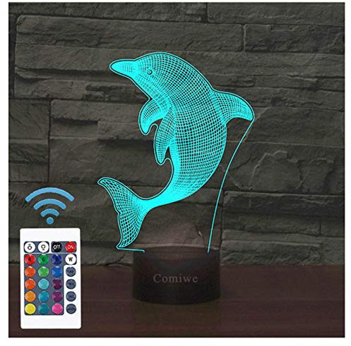 Comiwe Delfin (A) 3D Illusion Nachtlicht Spielzeug,Dekoration LED Nachttischlampe 16 Farben Ändern mit Fernbedienung,Weihnachten Deko Lampe Geburtstagsgeschenk Für Mädchen Jungen Kinder und Freunde