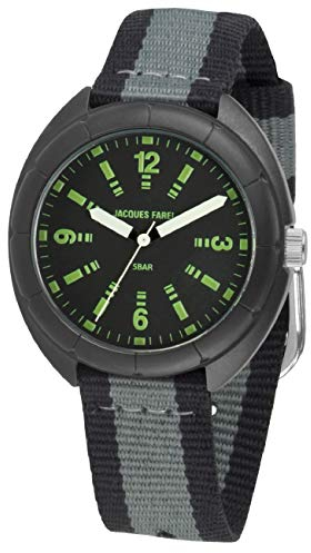 JACQUES FAREL Jugend-Armbanduhr Jungen Leuchtzeiger Analog Quarz Stoffband Schwarz Grau Streifen STH 11