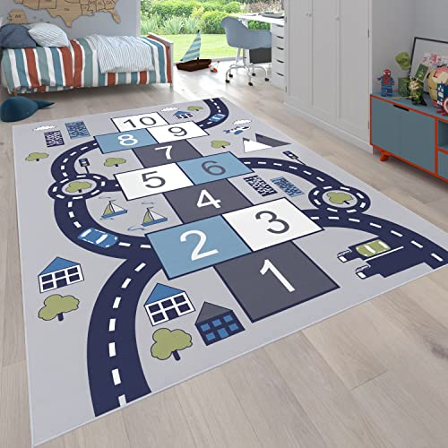 Paco Home Kinder-Teppich Für Kinderzimmer, Spiel-Teppich Mit Hüpfkästchen und Straßen rutschfest Grau, Grösse:80x150 cm