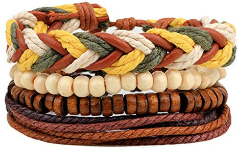 Bracelet Tressé pour Femme,Vintage Tressé Corde Bracelet Marron 4 Pièces en Cuir Cire Corde Bois Perlé Bohême Tissé Bracelets pour Hommes Femmes Enfant Ami Bijoux Faits À La Main Cadeau