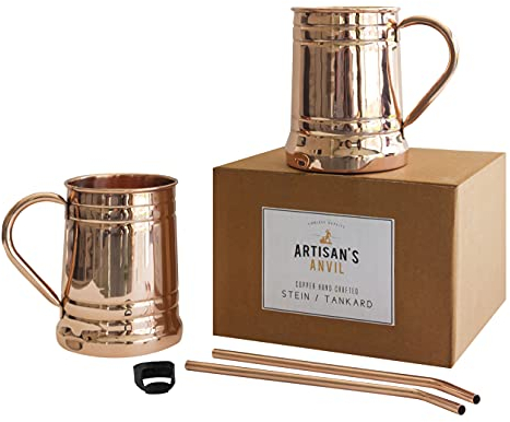 Artisan's Anvil Moscow Mule Mugs Beer Stone Set of 2 + Copper Straws + Bottle Opener Two Solid 18 oz Copper Mugs Gift Set - 100% Pure Copper Unique Tankard Look - Handmade Unlined Copper Cups