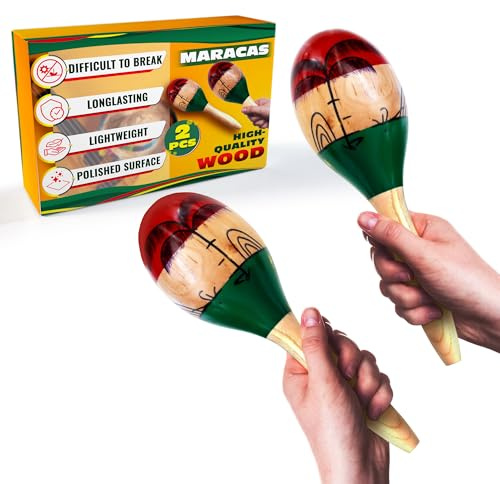 2 Pcs Large Wooden Maracas for Adults - 9.6” Durable Percussion Instrument Set, Colorful Design, Vibrant Sound - for Mexican Music, Festivals, and Gifting