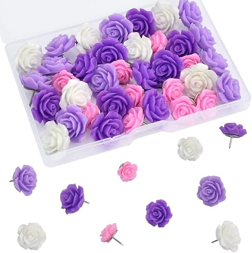 40 Pcs Lila Rose Blume Push Pin mit Gradient Farbe Dekorative Thumbtacks Floret Blume Push Pins für Schule, Haus, Büro