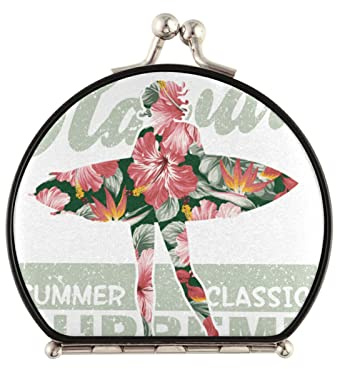 Hawaiian Floral Blumenmädchen mit Surfbrett Sommer Muster Kompakt Make-up Spiegel, Zweiseitiger Kosmetikspiegel mit 2x1x Vergrößerung, Schnalle Faltbare Mini Tasche Tragbarer Handspiegel
