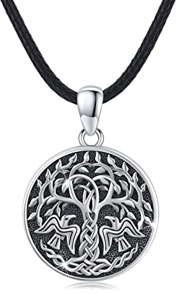 Baum des Lebens Kette Herren 925 Sterling Silber Lebensbaum Krähe Anhänger mit keltischer Knoten Runde Wikinger Amulett Raben Schmuck Geschenke für Damen Männer