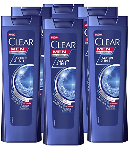 6 x Clear Men Action 2-in-1 Anti-Schuppen-Shampoo für alle Haartypen und Haut, geeignet für den häufigen Gebrauch – 6 Flaschen à 225 ml