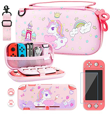 RHOTALL Tragetasche für Nintendo Switch Lite, niedliche Schutzhülle für Switch Lite mit TPU-Schutzhülle, verstellbarem Schultergurt, Displayschutzfolie und 2 Daumenkappen, Einhorn