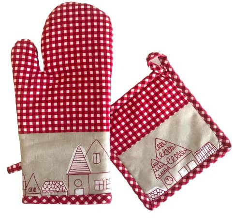Set Grembiule Con Pettorina Guanto e Presina Casette Rosso Natale 100% Cotone (Guanto e Presina)