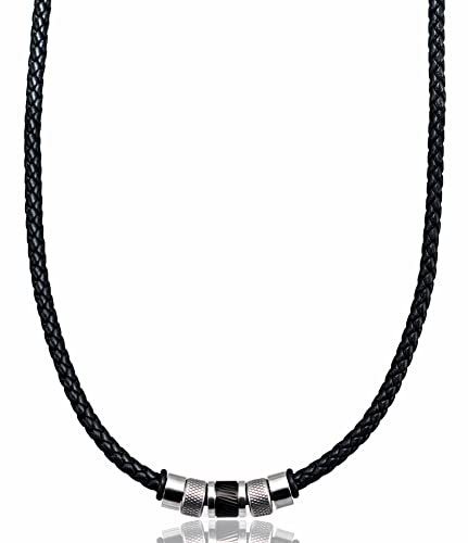 David Galvani ® | Handmade Herren Lederkette mit Bead-Anhänger aus Edelstahl Silber | Halskette für Herren | Edelstahl | Kugel | Lederkette | Leder geflochten | Geschenk für Männer (Silber, 45)