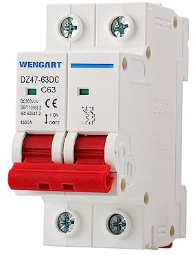 Interruttore DC Wengart DZ47-63Z, interruttore di sezionamento DC, 500V 63A 2 poli, montaggio su guida DIN, per batterie e sistemi fotovoltaici solari e altri sistemi DC