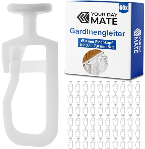 Gardinengleiter für Innenlaufschienen, 60 Stück, mit Ø 11 mm Flachkopf, in Weiß, Faltengleiter für Vorhangschiene, Gardinenschiene, Vorhang Gleiter Kräuselband Haken, Gardine Rollen Schienensystem