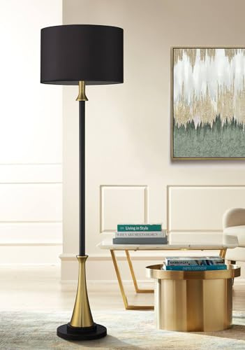 Possini Euro Design Burbank Mid Century Modern Art Deco 70 Tall Floor Lamp Standing with Dimmer Two-Tone Black Brass Metal Fabric Drum Shade for Living Room Family Bedroom Office House Home