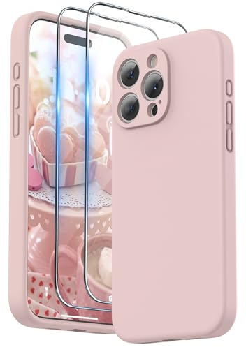 SURPHY Cover Protezione Fotocamera Compatibile con iPhone 15 Pro Max (6,7) con 2 *Vetro Temperato e Cordino,Silicone Liquido Custodia per iphone 15 pro max, Rosa sabbia