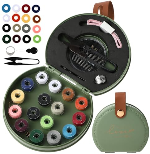 Amaxiu Mini Reise Nähset, luxuriöses tragbares Näh Reparaturset mit faltbarem Leder Organizer Etui, anfängerfreundliches Heimwerker Handnähzubehör mit Faden, Schere, Nadel, Knopfstiften (grün)