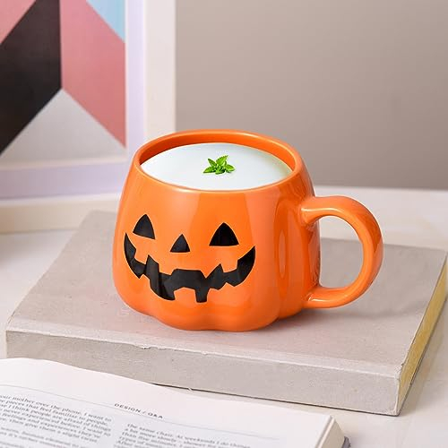 Halloween Kürbis Tasse, Kürbis Deko Keramik Kaffeetasse, Halloween Deko Kürbis Tasse, Herbstdeko Kürbis Tasse, 400 ml Kürbis Tasse für Kaffee, Milch, Tee, Getränke, Halloween Geschenk (1)