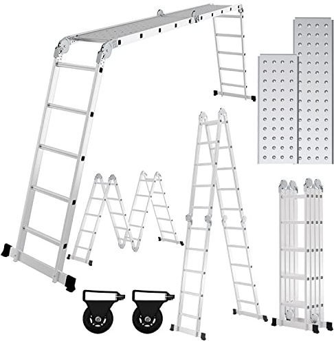 Eulenke Klappleiter 4 x 5 Stufen, Mehrzweckleiter 582cm, Leiter aus Aluminiumlegierung, Trittleiter, Aluleiter,Multifunktionsleiter bis 150kg, Mit Zwei Plattformplatten und Rädern