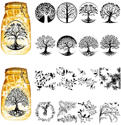 CREATCABIN 16 pz Sagome di Albero della Vita Barattolo di Vetro Decor Uccelli Lanterna Ritagli Laser Ornamenti Scrapbook Abbellimento per Vetro Smerigliato Parete Finestre Auto Fai da Te 10x9cm