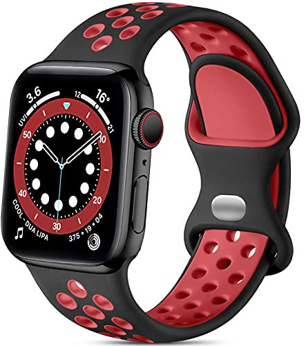 Epova Correa Deporte Compatible con Apple Watch 42mm 44mm 45mm 46mm 49mm, Mujeres Hombres Pulsera de Silicona Transpirable para iWatch SE Series 10 9 8 7 6 5 4 3 2 1,Negro/Rojo, Pequeño
