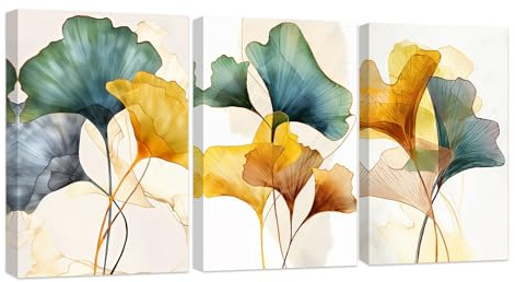 ZXHYWYM Abstrakte Blätter Wanddekoration 3 teilig Ginkgo Wandbilder tropische Pflanzen Leinwanddrucke botanische Blumenmalerei grünes und gelbes Poster mit Rahmen (C (40x60cmx3))