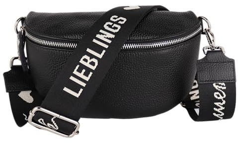 MIRROSI® Bauchtasche Damen, Echtleder, Made in Italy, Umhängetasche, Brusttasche, Crossbody Bag (1 Tasche & 2 Gurte) (Schwarz (Liebling Schwarz), Kleine Tasche (22x13x6cm))