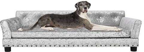 BingoPaw Large Dog Sofa Couch: Luxury Velvet Upholstered Pet Sofa Lounge Bed for Large Dogs - Wooden Frame Raised Puppy Sofa Chair with Comfortable Cushion Mat Grey L(96X70cm)