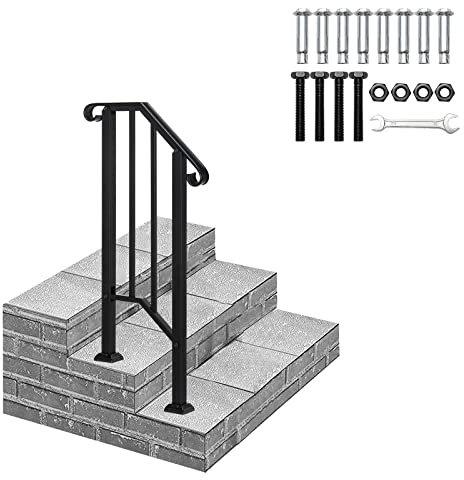 Outopee 1 Level Outdoor Handrail, Galvanized Iron Exterior Handrail, Fit 1 or 2 Steps Stair Railing, Banister with Installation Kit for Stairs, Garden, House Entrance, Backyard & Balcony, Matte Black