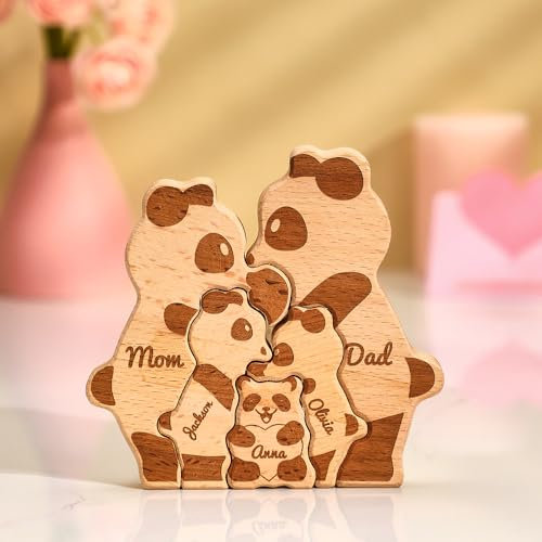 Personalisiertes Holzkunstpuzzle der Pandafamilie mit 1-8 Namen, Holz Panda Skulpturen Desktop Ornament Weihnachts Home Tischdekoration, Geschenk für Familie, Oma, Opa Mama, Papa